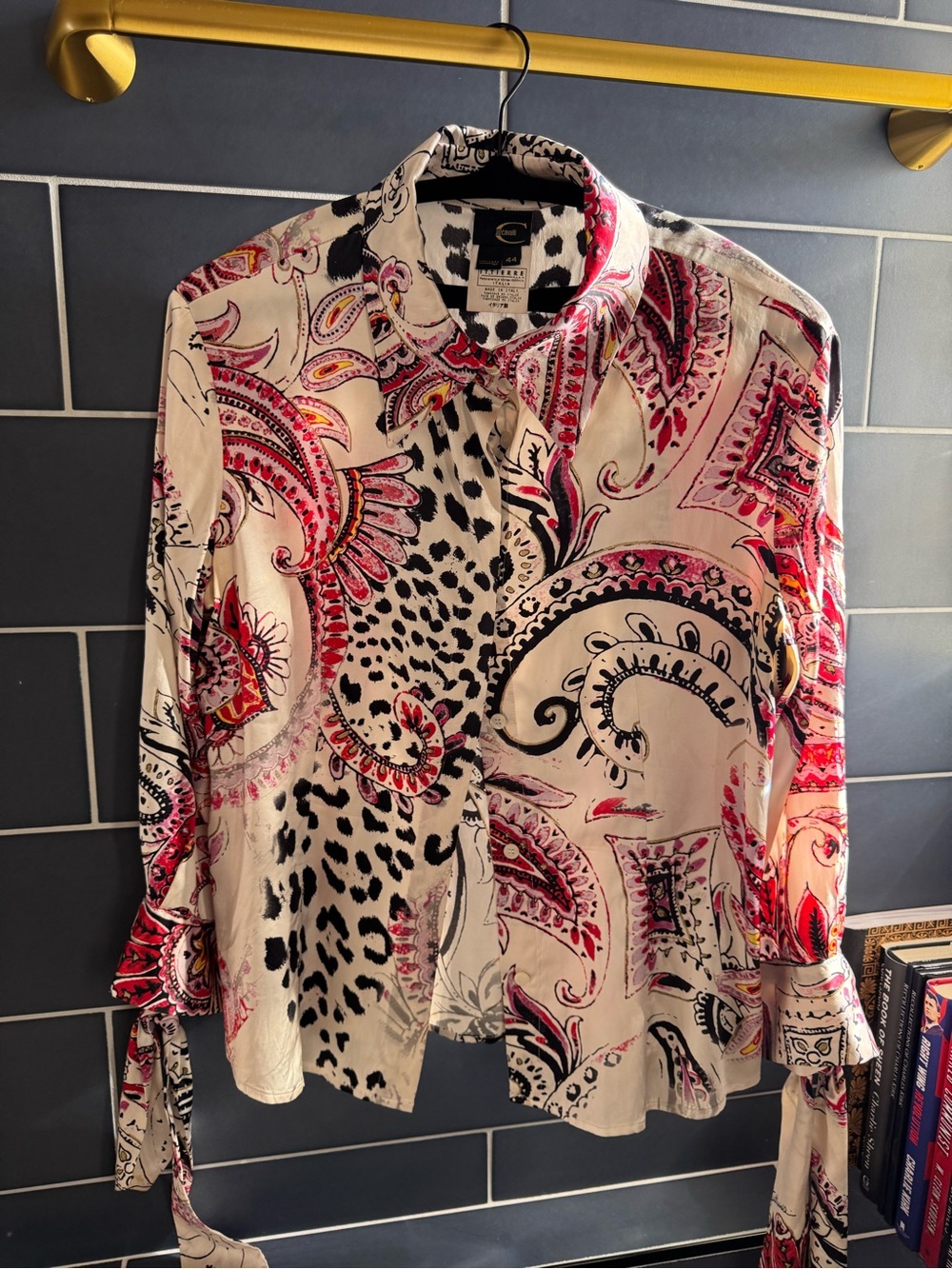 Roberto Cavalli Pink Black White Paisley & Animal Print Button-Down Shirt